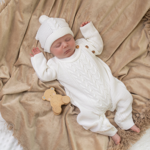 White Footless Cable Knit Onesie & Pom Pom Hat