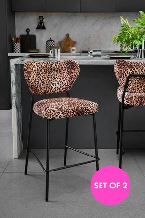 Set Of 2 Bar Stools in Leopard Print Velvet