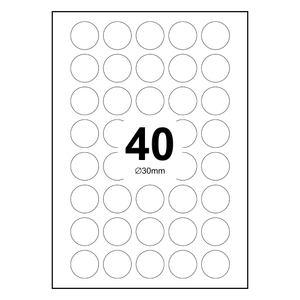 100 Sheets A4 White Self Adhesive Paper Laser Inkjet Sticker Labels 30mm Round - 40 Labels Per Sheet