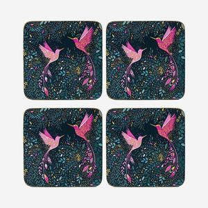 Sara Miller India Collection Set of 4 Coasters Hummingbird Paradise Midnight Blue