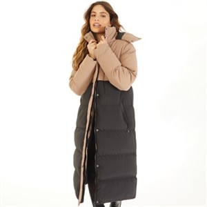 Brave Soul Womens Myra Long Hooded Puffer Coat Mocha/Black