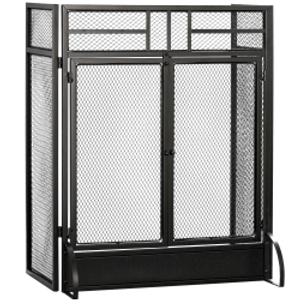 HOMCOM Salvachispas Plegable Pantalla Protectora de Chimenea de 3 Paneles con Doble Puerta y Pies 120x11,5x79 cm Negro