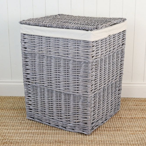 Grey Wash Square Wicker Laundry Basket