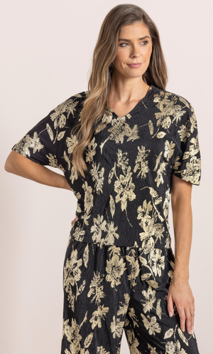 Floral Shimmer Print Plisse Top - Black/Gold