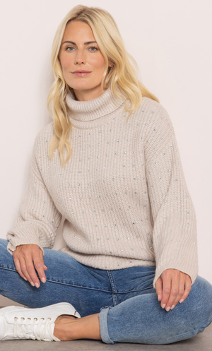 Embellished Roll Neck Jumper - Oatmeal