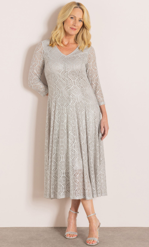 Anna Rose Foil Lace Midi Dress - Silver