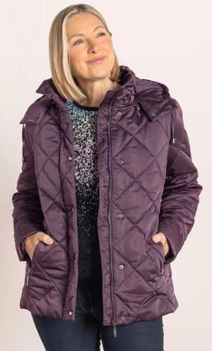 Anna Rose Hooded Diamond Quilted Coat - Deep Plum