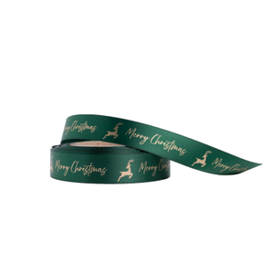 Christmas Ribbon Green and Gold Merry Christmas Reindeer 10 metres x 15mm