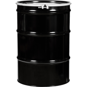 55 Gallon Steel Drum, Black, UN Rated, Lined, 20GA, Cover w/Bolt Ring, 2" & 3/4" Fittings