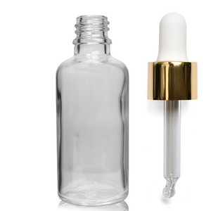 50ml Clear Glass Dropper Bottle With Luxury Gold Pipette & Wiper - White &amp; Gold