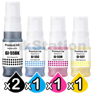 5-Pack Compatible Canon GI-55 Ink Bottle Combo [2BK,1C,1M,1Y]