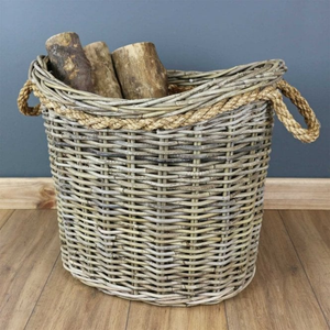 Grey & Buff Rattan Oval Rope Handled Wicker Log Basket