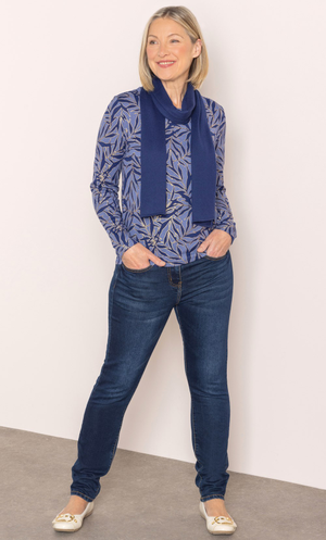 Anna Rose Shimmer Leaf Print Jumper With Scarf - Blue/Gold