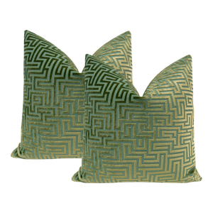 22" Olive Jade Labyrinth Cut Velvet Pillows - a Pair