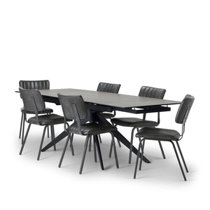 Trento Grey Ceramic Extending Dining Table + 6 Mason Chairs Vintage Black Leather-Look fabric with Black Legs