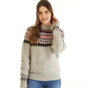 Board Angels Womens Fairisle Crew Neck Sweater Grey/Pink