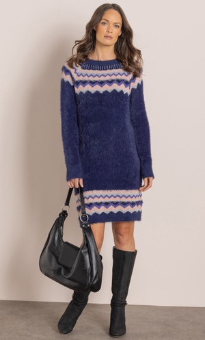 Zigzag Border Jumper Dress - Navy/Pink/Blue