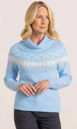 Anna Rose Cowl Neck Fairisle Jumper - Light Blue