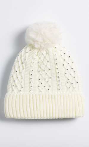 Embellished Pom Pom Beanie - Ivory