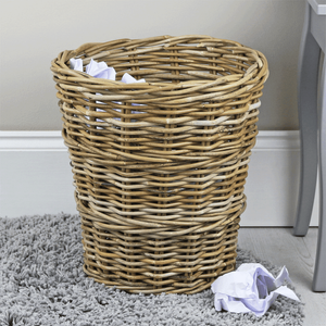 Grey & Buff Rattan Round Wicker Waste Paper Bin