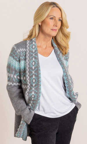 Anna Rose Patterned Cardigan - Grey Marl/Aqua