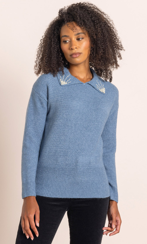 Faux Pearl Embellished Collar Jumper - Cornflower