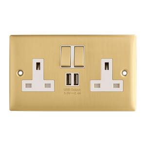 Double Plug Socket - 2 USB Ports - Brushed Brass
