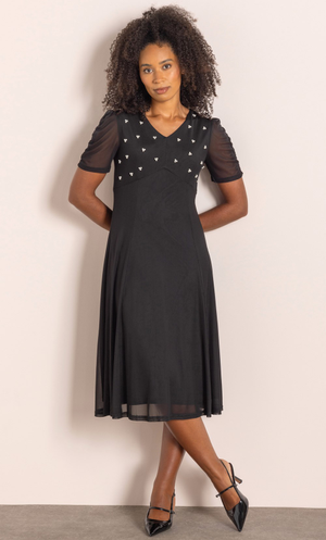 Faux Pearl Embellished Mesh Dress - Black