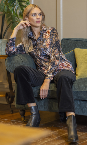 Floral Printed Crushed Velour Shirt - Black/Pink