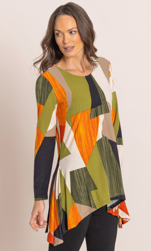 Dipped Hem Printed Jersey Top - Green/Orange
