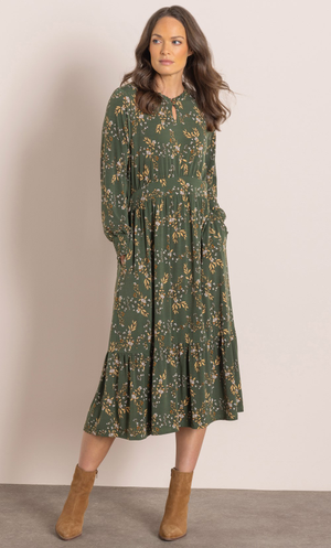 Floral Printed Jersey Dress - Khaki