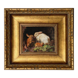 Hares and Young Framed 5x6" Oil Painting Print on Canvas