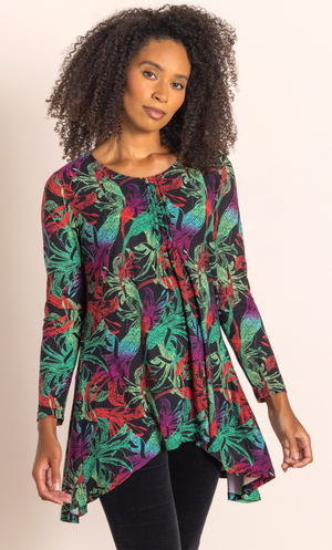 Printed Long Sleeve Hanky Hem Jersey Top - Black/Red/Green