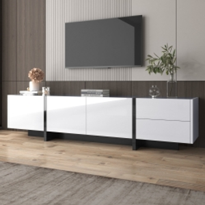 High-Gloss Modern TV Cabinet with Doors and Drawers, Black and White Design, 190x35x45 cm, White