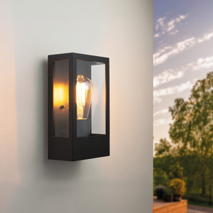 LED Outdoor Wall Light with Dusk to Dawn Sensor - E27 - Waterproof - Black - Glass - Lantern - Modern / Industrial