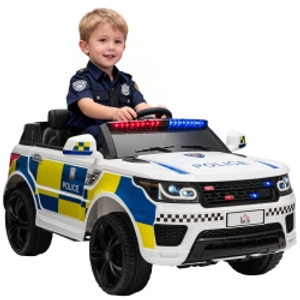 HOMCOM Coche Eléctrico Infantil de Policía Coche de Batería 12V con Mando a Distancia Bluetooth Luz USB Sirena Blanco