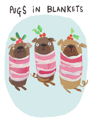 Cute Funny Illustrated Pugs In Blankets Christmas Card