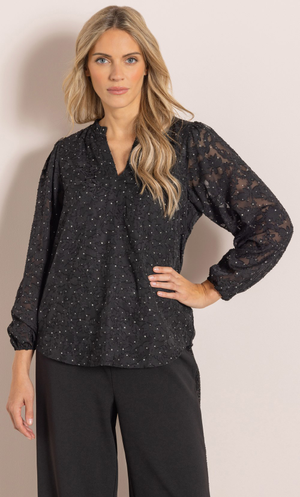 Frill Neck Shimmer Top - Black