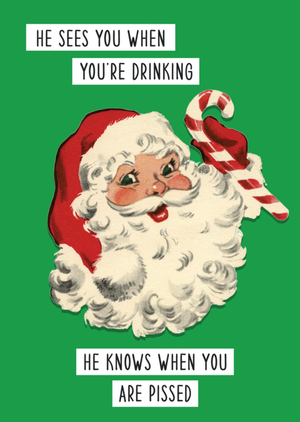 Scribbler He Sees You When Youâ€™re Drinking Retro Santa Illustration Christmas Card