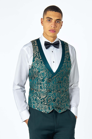 LOUIS – GREEN GOLD DAMASK PRINT TUXEDO DINNER WAISTCOAT