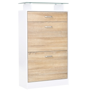 HOMCOM Mueble Zapatero Armario Zapatero con 3 Cajones Estante de Vidrio y Asa de Aluminio para Pasillo 60x24x105,5 cm Natural