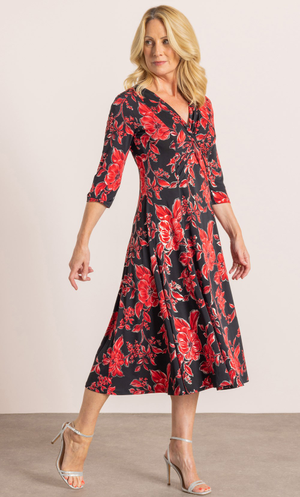 Anna Rose Floral Foil Print ITY Jersey Midi Dress - Red/Gold