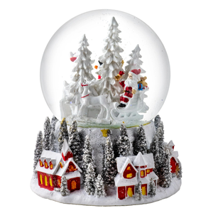 Santa & Snowman with Red Village Base Globe Musical Snow Globe