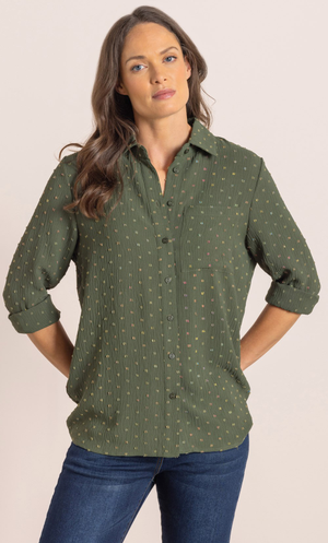 Textured High Low Shimmer Overshirt - Khaki