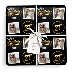 Personalised 21st Birthday Wrapping Paper - Black &amp; Gold - Upload 2 Photos &amp; Name