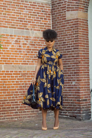 Thandiwe Navy Blue and Brown African Print Dress