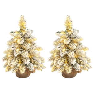 HOMCOM 1.5ft Mini Artificial Christmas Trees with Lights Set of 2, Snow Flocked Tabletop Christmas Trees with Base, Battery Operated, Desktop Party Decoration