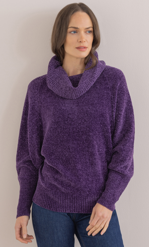 Cowl Neck Batwing Sleeve Chenille Jumper - Purple