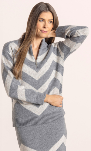 Chevron Pattern Zip Jumper - Grey/Ivory
