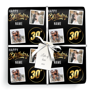 Personalised 30th Birthday Wrapping Paper - Black &amp; Gold - Upload 2 Photos &amp; Name